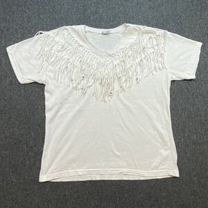 Ever Blue Fringe Shirt L Womens White Western Beaded V Neck Short Sleeve Cotton